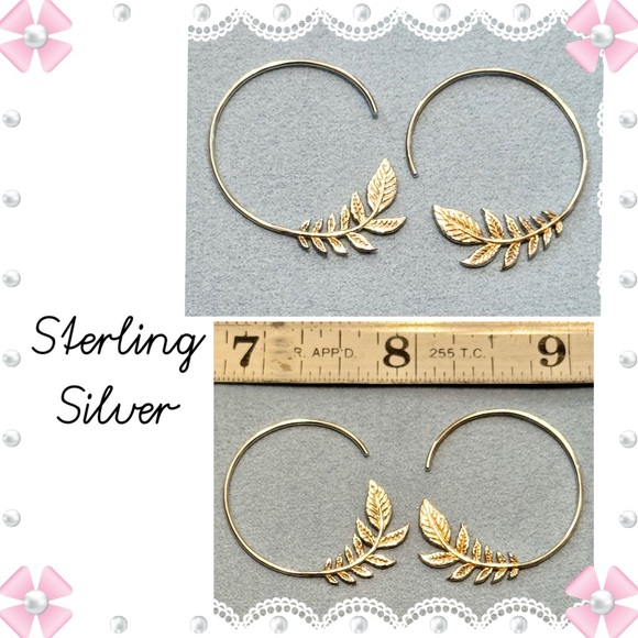 Earrings - sterling silver olive leaf 1” hoops - pre-loved - no discoloration - Picture 2 of 10